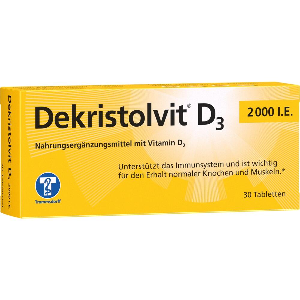 Gelbe Packung von Dekristolvit D3, einem Nahrungsergänzungsmittel mit Vitamin D3.