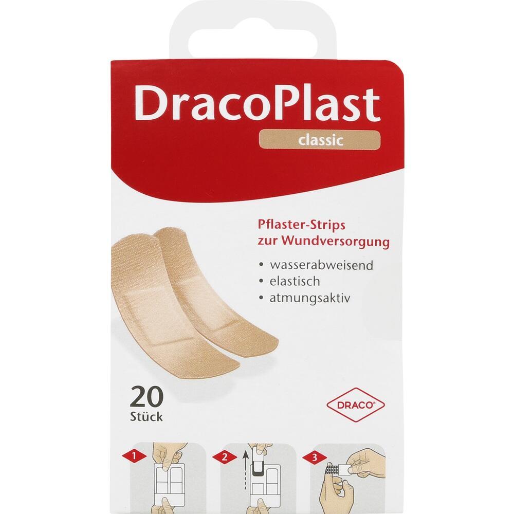 Verpackung von Pflaster-Strips zur Wundversorgung mit 20 Stück und Anwendungshinweisen.